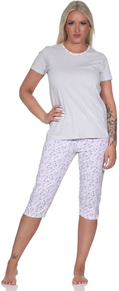 Gebloemde capri damespyjama met strepen, 3/4 broek & ronde hals