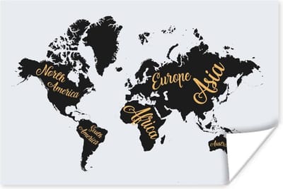 Poster 30x20 cm - Wereldkaart - Letters - Goud - Posters - Kamer decoratie - Wanddecoratie woonkamer - Muurdecoratie slaapkamer