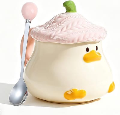 Grappige 3D eenden koffiemok van keramiek met deksel en lepel, 400 ml, ideaal voor koffie, thee en cacao, perfect als cadeau voor Valentijnsdag, verjaardag of Moederdag (roze)
