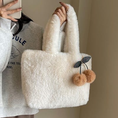 Warme Pluche Tas Bonttas Hand Draagtas Grote Capaciteit Harige Schoudertas College Student Klas Tas white