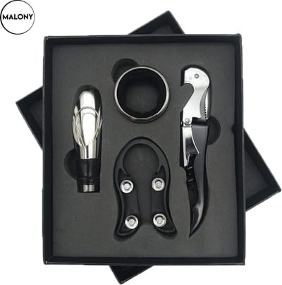 Wijnopener set - 4 Delig - RVS - Wijn accessoires - Luxe Giftbox - Zwart