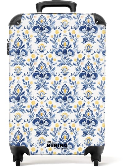 NoBoringSuitcases.com - Koffer - Barok patroon blauw geel - Past binnen 55x40x20 cm en 55x35x25 cm - Trolley handbagage - Valiezen met wieltjes volwassenen - Reiskoffer op wielen - Rolkoffer lichtgewicht
