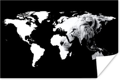 Poster 30x20 cm - Wereldkaart - Zwart - Wit - Leeuw - Posters - Kamer decoratie - Wanddecoratie woonkamer - Muurdecoratie slaapkamer