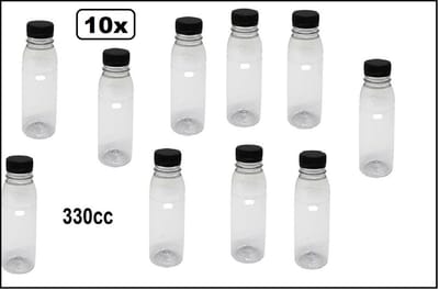 10x Herbruikbaar Flesje helder 330cc met zwarte/oranje dop - 10x zwarte dop + 10x Oranje dop - Herbruikbaar - Navulbaar - drink fles vruchten sap limonade drank water hervulbaar