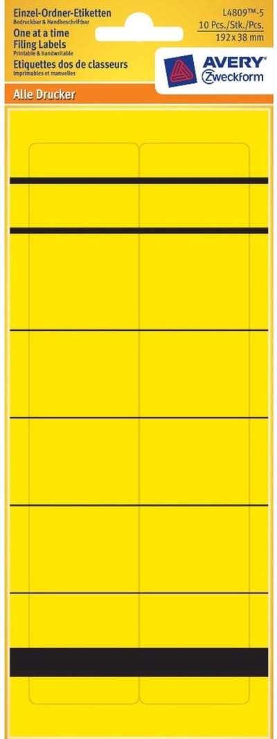 10x Enkele maplabels Smal Kort 192x38mm Geel