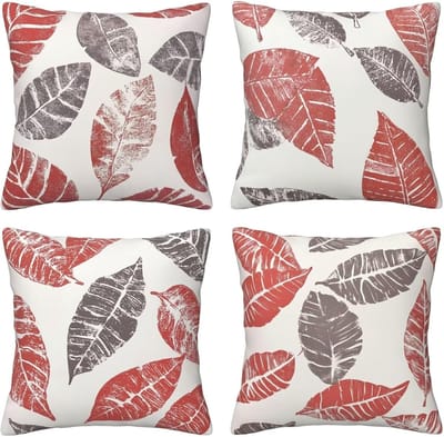 Kussenhoezen, roodgrijze bladeren, 65 x 65 cm, behaaglijk, kussenhoes met onzichtbare ritssluiting, zacht, wollig, bankkussen, wasbaar, voor terras, bank en woonkamer