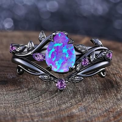 Bague Vintage Goutte d'Eau Opale Feuille d'Or Noir pour Femmes Accent Améthyste Violette Bague de Fiançailles Gothique Bijoux de Mode Cadeau 8 black