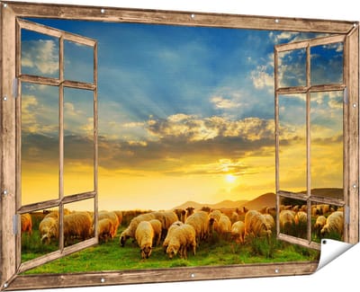 Gards Tuinposter Doorkijk Kudde Schapen op het Gras bij Zonsondergang - 180x120 cm - Tuindoek - Tuindecoratie - Wanddecoratie buiten - Tuinschilderij