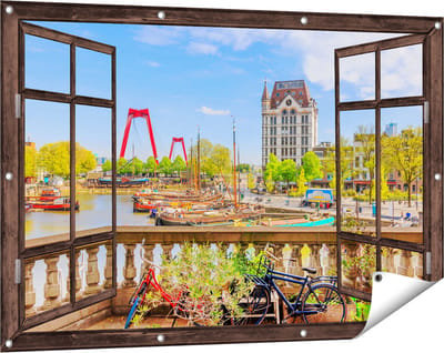 Gards Tuinposter Doorkijk Kleurrijke Oude Haven in Rotterdam - 120x80 cm - Tuindoek - Tuindecoratie - Wanddecoratie buiten - Tuinschilderij