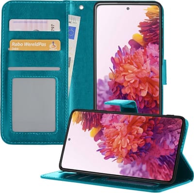 Hoesje - Met Pasjeshouder - Geschikt voor Samsung Galaxy S20 FE - Luxe Bookcase Portemonee - Flip Case - Kunstleer Book Case - Flipcase - Book Cover - Walletcase - Portemonneehoes - Telefoonhoesjes - Turquoise