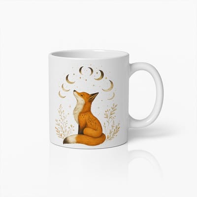 Elegante Vos en Maanfasen Keramische Mok – Mystieke Dierenliefhebber Koffiebeker