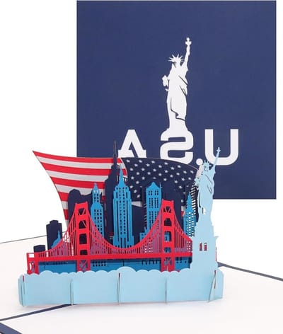 Pop-up Kaart - 3D Wenskaart - Souvenir USA - Met Vrijheidsbeeld - 15 x 15 cm - Blauw