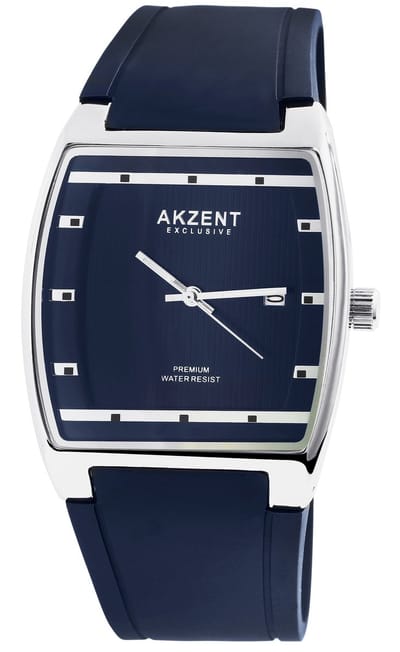 Akzent-Heren horloge-Datumaanduiding-Analoog-Rond-38MM-Zilverkleurig-Blauw silicone band.