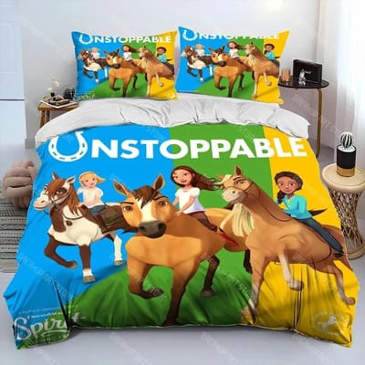 Cartoon Spirit Riding Free Paarden Dekbedovertrek Set 2_3 Stuks Jongens Meisjes Eenpersoons Tweepersoons Maat Dekbedovertrek Kussensloop Bed EU Single 135x200cm