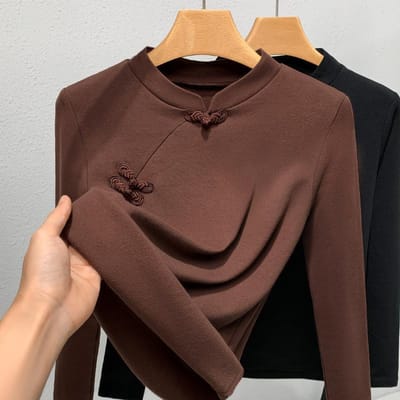 Basishemd met opstaande kraag voor Dames Nieuwjaars Dames Modieus Plaat Lange Mouw T-shirt met Getailleerde Nieuwe Chinese Top 3XL bruin