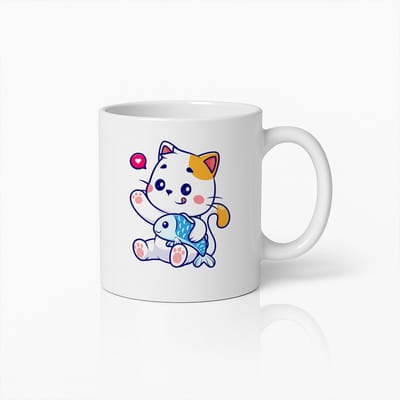 Schattige Kat met Vis Mok – Leuk Cartoon Koffiekopje voor Kat- en Dierliefhebbers