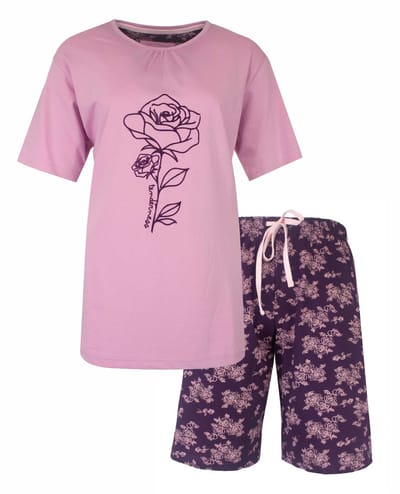 Tenderness Dames Shortama - Pyjama Set - Roos Print - Lila - Maat M