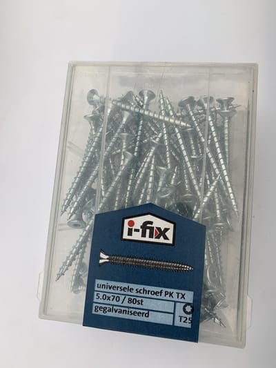 Hout schroef 5.0 x 70mm. Lang. platkop-torx-30. Verzinkt. 80 stuks universele spaanplaat schroeven. Ifix-pro.