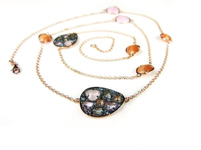 Zilveren halssnoer collier halsketting roos goud verguld Model Golden Colors gezet met bruine en oranje stenen