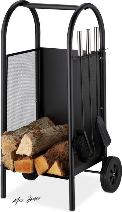 Mrs. Jones brandhoutwagen met wielen haardgereedschap schep bezem pook - 3-delig brandhoutkar zwart .
