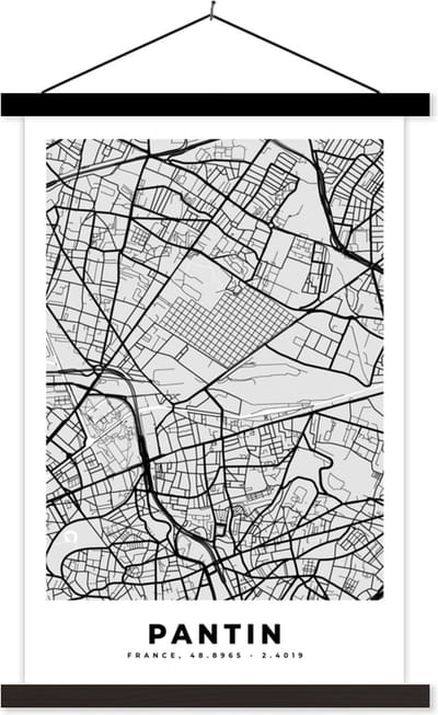 Posterhanger incl. Poster 40x60 cm - Schoolplaat - Kaart - Stadskaart - Frankrijk - Pantin - Plattegrond - Textielposter - Zwarte latten - Stadskaart