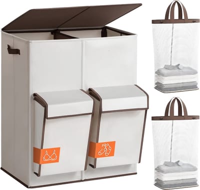 JCP® Wasmand - 180L - Wasmand met Deksel - Wasmand 4 Vakken - Beige - 58cm x 40cm x 71cm