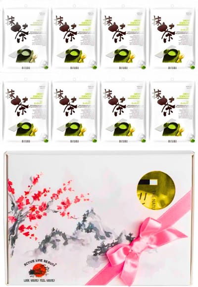 Mitomo Green Tea Matcha Gezichtsmasker - Giftset Vrouw - 8 x 25g - Verjaardag Cadeau Vrouw - Geschenkset Vrouwen