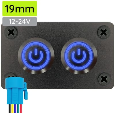 ProRide Metalen Pulsschakelaar 12-24V OFF-(ON) - Tweevoudig Inbouwpaneel - 19mm - IP67 - LED indicatie Blauw