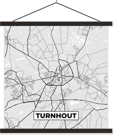Posterhanger incl. Poster 60x60 cm - Schoolplaat - Kaart – Plattegrond – Stadskaart – Turnhout – België – Zwart Wit - Textielposter - Zwarte latten - Stadskaart