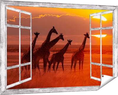 Gards Tuinposter Doorkijk Giraffe Kudde bij Zonsondergang - 150x100 cm - Tuindoek - Tuindecoratie - Wanddecoratie buiten - Tuinschilderij