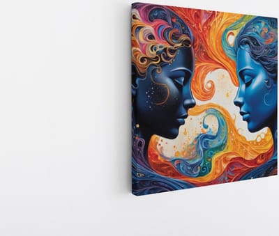 Saammp Canvas Schilderij - Vrouw - 2 gezichten - Kleurrijk - abstract - 20x20 - Foto op canvas - Wanddecoratie - Muurdecoratie Woonkamer - Slaapkamer decoratie - Canvas Print