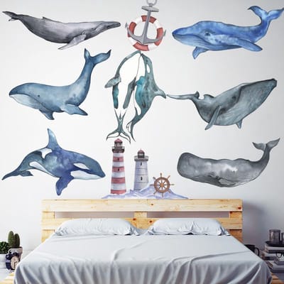 Muursticker | Walvissen | Vuurtoren |  Wanddecoratie | Muurdecoratie | Slaapkamer | Kinderkamer | Babykamer | Jongen | Meisje | Decoratie Sticker