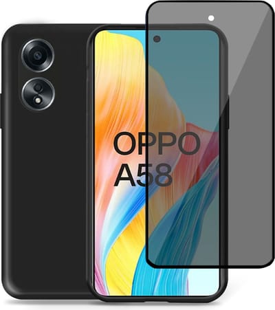 Hoesje + Privé Screenprotector geschikt voor OPPO A58 – Privacy Tempered Glass - Back Case Cover Zwart