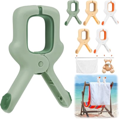 6-pack - Plastic strandlakenklemmen in drie kleuren - Grote winddichte kledingklemmen - Perfect voor ligbedden / zwembadstoelen / dekenklemmen - Oranje, wit, lichtgroen, kaki