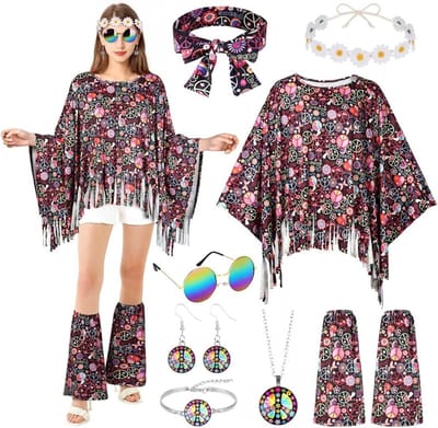 Vintage 9-delige kostuumset voor vrouwen met 60s en 70s hippie accessoires, inclusief brillen, hoofdband en laarzen, perfect voor carnaval en Halloween