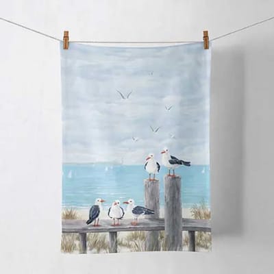 Ambiente Set van 2 Theedoeken Kitchen towel Seagulls on the dock 50x70 cm – 100% Katoen – Maritiem Vogels Strand Design