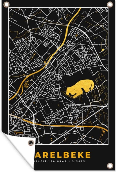 Muurdecoratie Plattegrond - Goud - Harelbeke - Stadskaart - Kaart - 120x180 cm - Tuinposter - Tuindoek