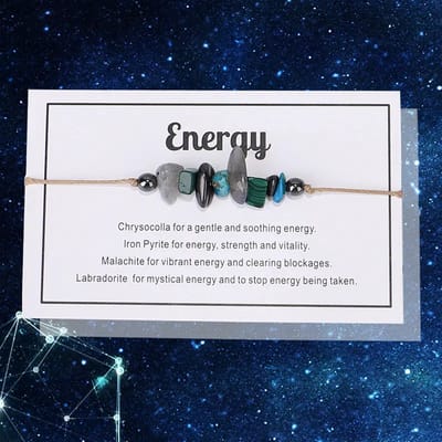 Bixorp "Energy" Cadeau Armband - Edelsteen Armbandje op kaartje - Chrysocolla, Pyriet, Malachiet & Labradoriet