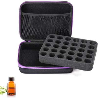 GELLDG Opbergtas voor etherische oliën met 30 vakjes - Opbergdoos voor etherische oliën - Draagbaar - EVA-opbergzakje voor etherische oliën - Met handvat - Geschikt voor flesjes etherische olie van 5 ml, 10 ml en 15 ml - Paars