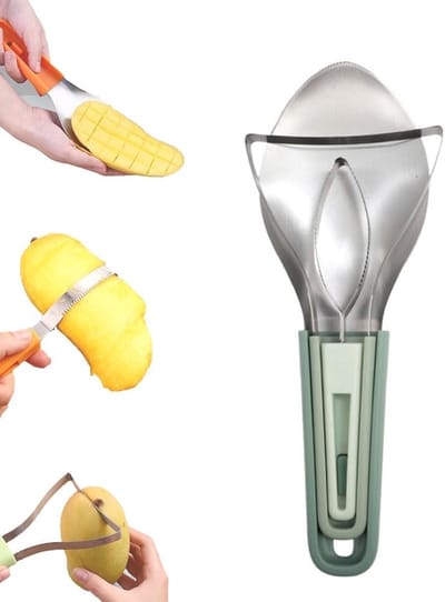 3-in-1 mangosnijder, mangoschiller, verdeelgereedschap met roestvrijstalen mes, mangokernverwijderaar, mango-vleesscheider