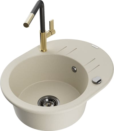 Mexen Kevin granieten gootsteen 1-komorige met afdruiprek en keukenmengkraan Flora, beige - 6517-69-670401-57-B