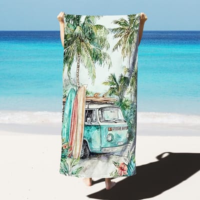 1 ST Vintage Surfbus Strandlaken, Polyester Sneldrogend Print, Aquarel Palmbomen & Surfplank Ontwerp, Zacht Handdoek voor Strand & Sur W100*H170(CM)