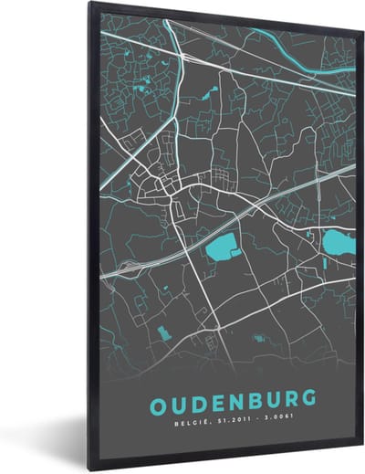 Fotolijst incl. Poster - Stadskaart – Grijs - Kaart – Oudenburg – België – Plattegrond - 40x60 cm - Posterlijst