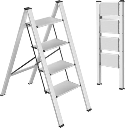 VIEMAE Huishoudtrap - Opstapje - Trap - 4 treden - Aluminium - Lichtgewicht - Opvouwbaar - Max belasting 150kg - Anti-slip