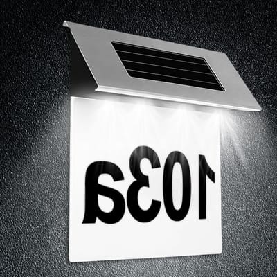 Verlichte huisnummers op zonne-energie met 4 LED's, waterdicht IP65, roestvrijstalen borden, cijfers 0-9 en letters A-H voor duidelijke adressen