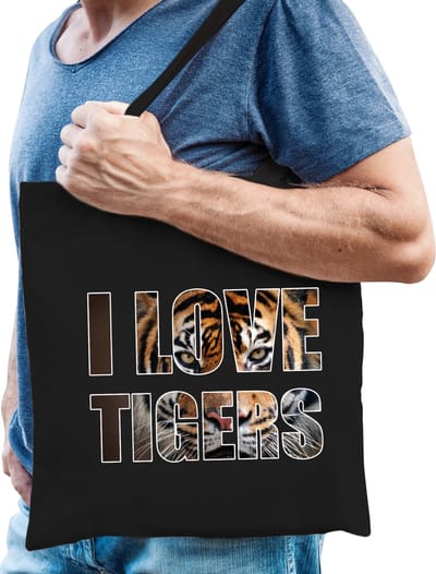 I love tigers / tijgers tas zwart heren - bedrukte dieren tassen - cadeau tas / shopper voor Siberische tijger liefhebbers