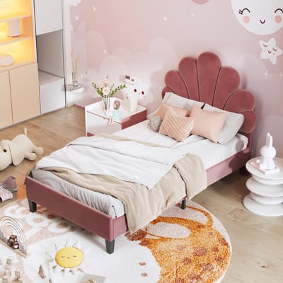 STILVORA Gestoffeerd Bed 90 x 200 cm – Kinderbed Met Bloemvormig Hoofdbord – Prachtig Design En Comfortabel – Voor Meisjes En Tienerkamer – Fluweel – Roze