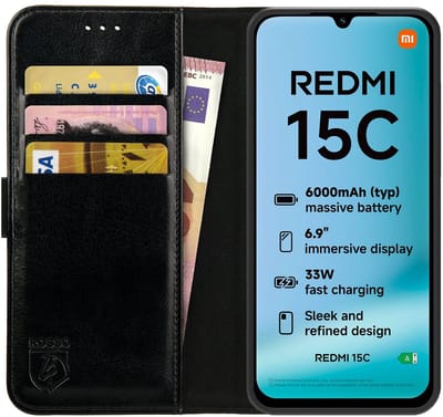 Rosso Element Geschikt voor Xiaomi Redmi 15C | Wallet Book Case | Portemonnee Hoesje | 3 Pasjes | Magneetsluiting | Stand Functie | Zwart