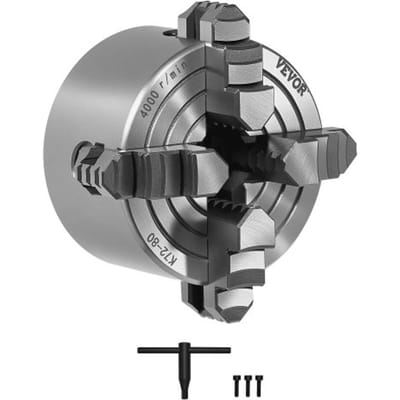 VEVOR 4-klauwplaat, 80 mm, spantang, klembereik 5-80 mm met T-sleutelbevestigingsschroeven, omkeerbare bekken, materiaal HT300, voor hout-/metaaldraaibank