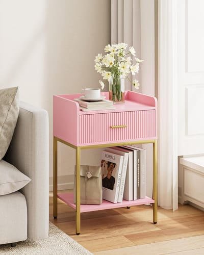 Famanu – Nachtkastje met lade en plank, modern ontwerp voor kleine ruimtes, roze